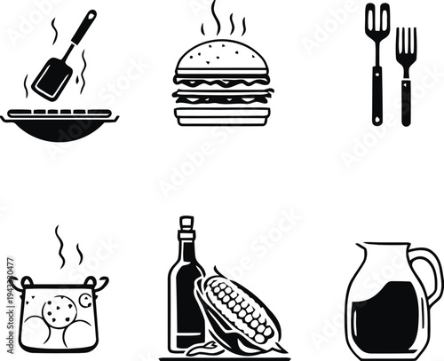 Culinary cooking and food preparation icons featuring barbecue grill burger cooking pot with steam corn cob bottle of wine and a jug for serving liquids during meal preparation
