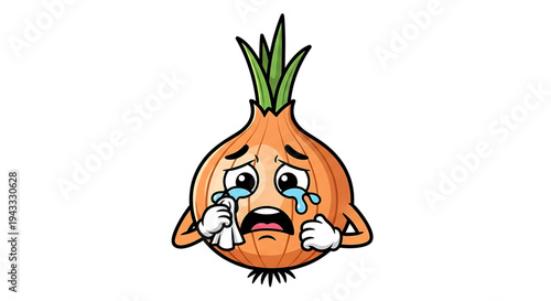 Sad cartoon onion character crying and wiping tears with a tissue expressing distress and unhappiness with a dramatic facial expression isolated on a clean white background
