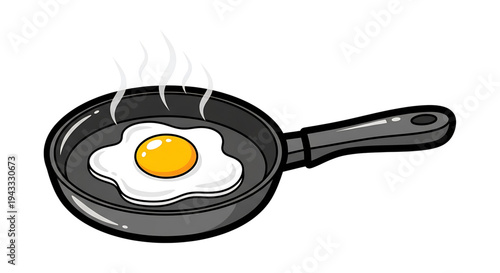 Freshly fried egg cooking in a non stick skillet with steam rising classic breakfast preparation in a kitchen setting simple culinary process visualized isolated on white