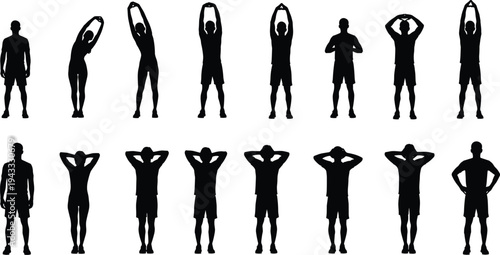Fitness silhouette set featuring people performing stretching exercises, warm-up routines, and flexibility movements for workout guides and healthy lifestyle promotion.