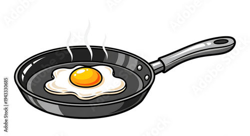 Close up perspective of a single perfectly fried egg sizzling in a black non stick frying pan with a long handle steam gently rising upwards against a clean white background