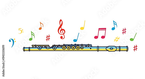 Vibrant musical notes and symbols dance around a detailed realistic flute illustrating the joy and creativity of music perfect for educational content concert promotions