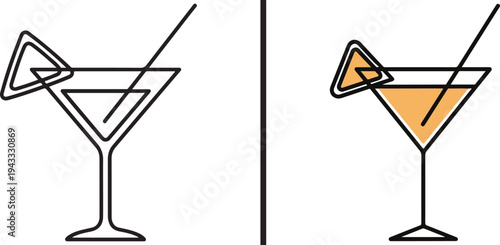Vector illustration of two martini glasses: a simple black outline version and a peach-colored version with a triangular garnish and straw, separated by a vertical divider.