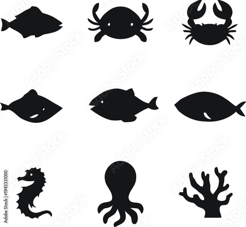 Diverse collection of aquatic animal icons featuring fish, crab, seahorse, and octopus, alongside coral, signifying marine life and oceanography for underwater themes.