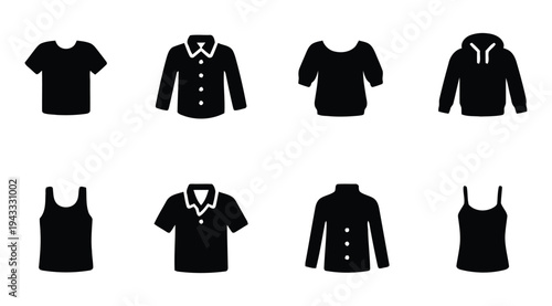Diverse collection of clothing items depicted as solid black icons on a white background, showcasing various apparel styles for men and women.