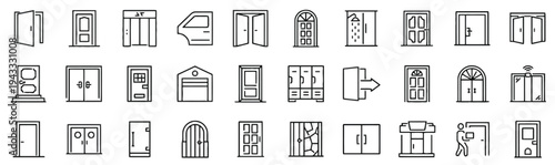 Diverse collection of door icons representing various types including entry, exit, garage, modern, traditional, and decorative styles. Outline vector symbols for access, architecture, and entrances.