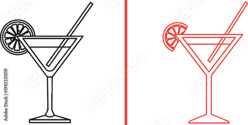Vector icons of two martini glasses: a minimalist black outline version and a sharp red outline version, both featuring citrus garnishes and straws, separated by a vertical red divider.