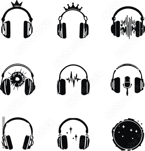 Diverse collection of headphone icons with various designs, celebrating music and sound, audio equipment symbols, modern and vintage styles for listening.