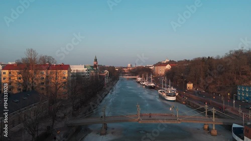 Aerial panorama of Turku city and frozen Aura River at spring sunset