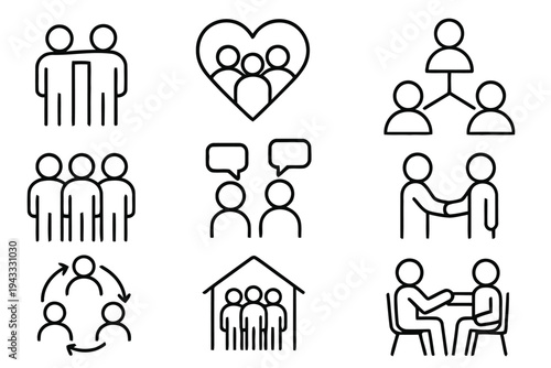 Diverse collection of people and teamwork icons in simple line art style showing social interaction community and business collaboration
