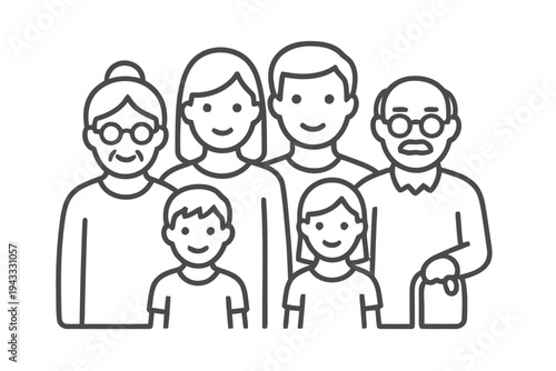 Diverse group of people in family and social connection icons, representing relationships community and human interaction in simple line art style