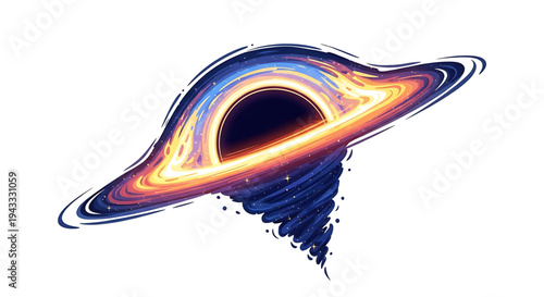 Vibrant cosmic black hole illustration with swirling accretion disk and glowing event horizon representing deep space gravity and the unknown universe set against a stark white
