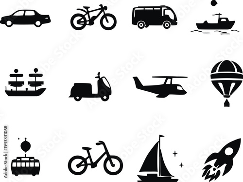 Diverse collection of vehicle icons representing personal, public, and recreational transport methods, ideal for travel and mobility themes.