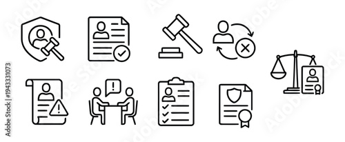 Diverse set of human resources and legal icons in outline vector style, illustrating employment law, compliance, contracts, and employee relations.