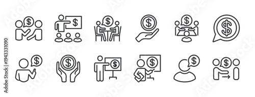 Diverse set of line art icons illustrating financial discussions, team collaboration, and expert guidance related to money and business growth