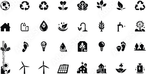 Environmental and ecological icons in silhouette, representing sustainability, recycling, clean energy, and nature protection, modern symbols for green living