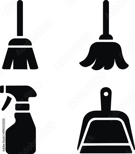Essential cleaning tools and supplies vector icons in black and white. Features brooms, mops, spray bottles, and dustpans. Represents cleanliness, 