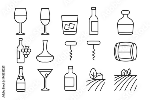 Extensive line art icon set for alcohol and beverages, including various glasses, bottles, decanters, corkscrews, barrel, grapes, vineyard, and whiskey glass, professional design.