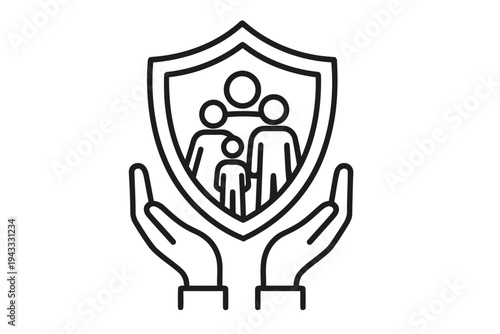 Family protection and security icon featuring hands holding shield with people silhouette representing safety and well-being for home and loved ones