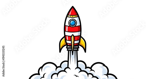 Retro style cartoon rocket blasting off with fiery exhaust and billowing smoke clouds against a clean white background symbolizing space exploration innovation and new beginnings