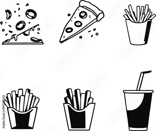 Fast food menu icons with delicious pizza slice french fries and fizzy drink for takeout or casual dining, perfect for cafe or restaurant menu design
