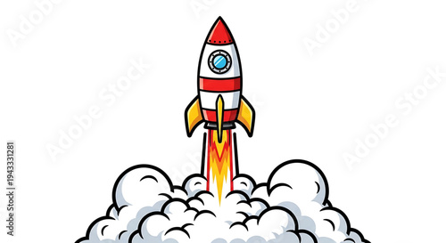 Cartoon rocket ship blasting off into the sky with bright fiery exhaust and billowing white smoke clouds symbolizing startup innovation and space exploration with a vibrant