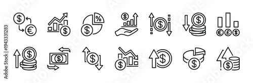 Finance and economics icons showing currency conversion, market growth, pie charts, investment, and financial analysis with dollar and euro symbols