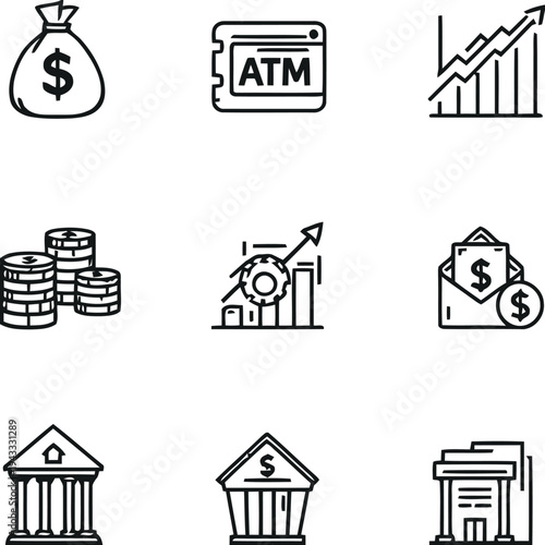 Financial and business icons representing banking services investment growth and monetary transactions including money bag ATM coins graph and building illustrations for finance related concepts