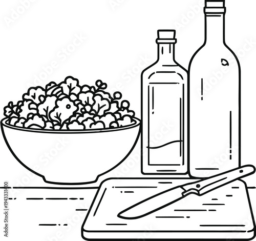Food preparation icons bowl of salad cutting board knife and bottles of oil and vinegar for healthy eating and cooking vector illustration