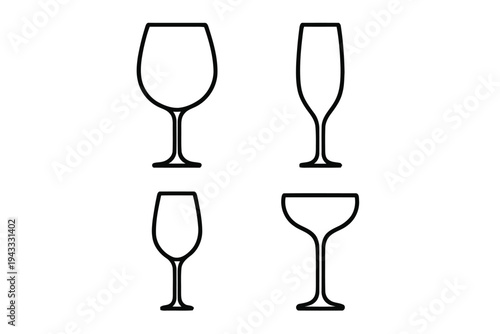 Four different outline wine glasses arranged in two rows: a large goblet and flute top row, a smaller wine glass and coupe bottom row, simple vector art.