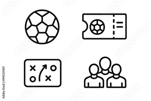 Football game elements including soccer ball admission ticket tactical strategy layout and team organization icons for sports competition management and athletic event planning vector collection