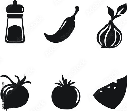 Fresh food ingredients icons set, including salt shaker, chili pepper, garlic, tomato, onion and slice of watermelon