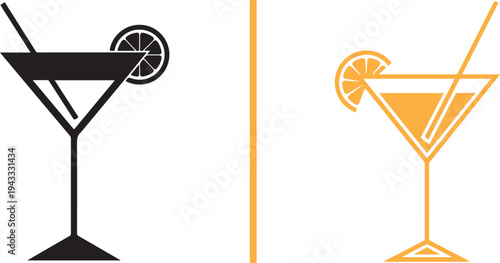 Two vector martini icons: a bold black silhouette with a citrus garnish and a vibrant orange outline version with a straw and lemon slice, separated by a vertical divider.