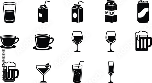 Drink beverage icons set with glass cup bottle soda coffee juice