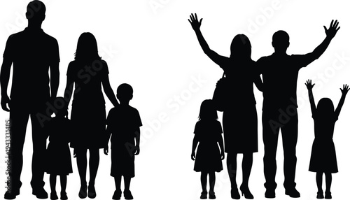 Happy family silhouette set, parents and children standing together, joyful family bonding concept, people raising hands vector illustration isolated