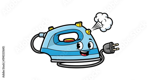 Joyful cartoon steam iron character with a happy face and steam coming out of its top shown with a cord and plug isolated on a clean white background representing domestic chores