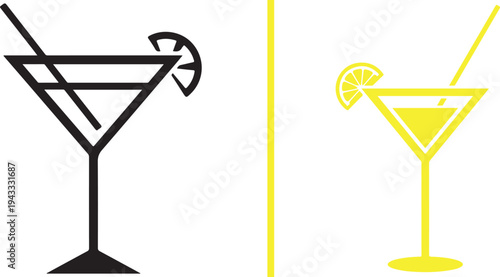 A side-by-side vector graphic featuring a bold black-outline martini glass icon and a vibrant solid yellow version, both complete with citrus garnishes and straws.