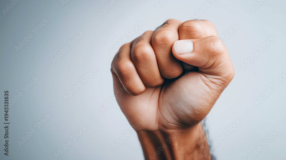 Fototapeta premium Human fist gesturing power, strength, and determination, symbolizing protest, revolution, and solidarity