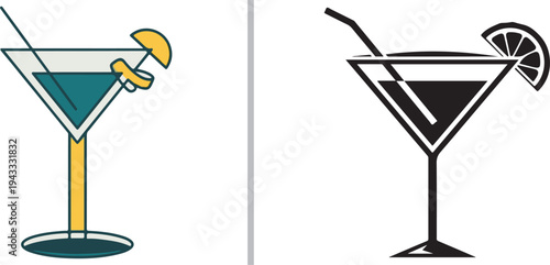 Vector martini icons featuring a teal drink with a yellow lemon twist and a bold black-and-white cocktail with a citrus wheel and straw, separated by a vertical divider.