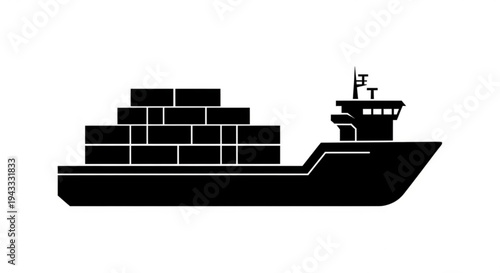 A black silhouette of a cargo ship with stacked containers on a white background