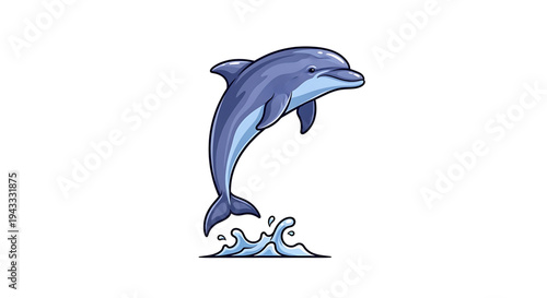 Playful blue dolphin gracefully leaping from sparkling ocean waves in a dynamic energetic mid air jump capturing the joy and freedom of marine life with a clean stylized