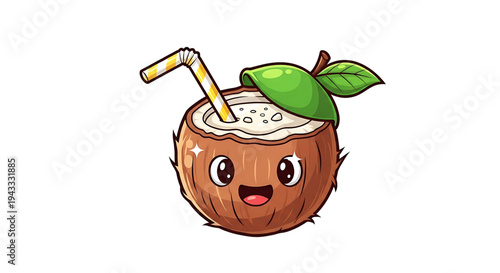 Whimsical cartoon coconut character with a happy face holding a tropical drink with a straw presented on a clean white background perfect for summer promotions vacation themes