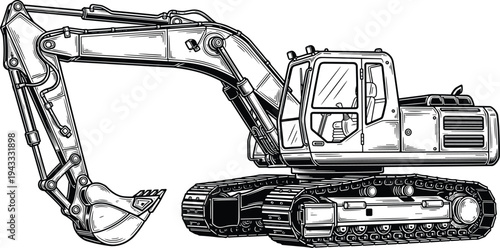 Heavy duty hydraulic excavator machinery for construction site work black and white line art vector illustration isolated on white background