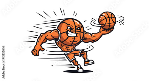 Muscular cartoon basketball character with intense expression dribbling a ball with speed lines and motion blur representing athletic power and competitive sportsmanship