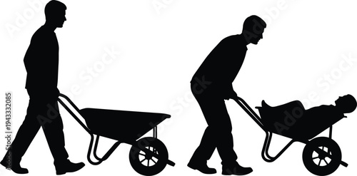 Man pushing wheelbarrow silhouette set, worker transporting person, construction labor concept, manual work transport illustration isolated on white background