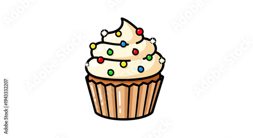 Whimsical hand drawn cupcake with swirled cream frosting decorated with colorful sprinkles presented in a fluted paper liner isolated on a clean white background ideal