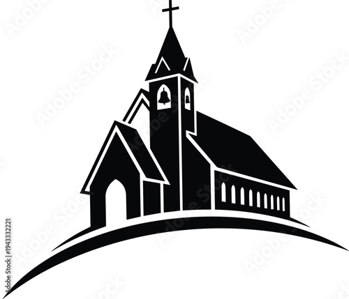 Minimalist church silhouette vector, Christian cathedral building icon, religious architecture symbol on hill, cross steeple logo design illustration black isolated