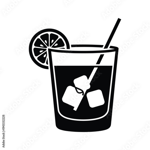 Black and White Icon of a Cocktail with Ice and Lemon Slice