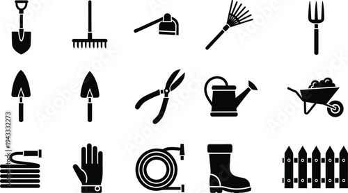 Gardening tools icons set with shovel rake trowel shears watering can fence wheelbarrow