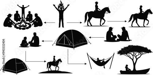 Outdoor adventure silhouette set featuring camping tents, campfire gathering, horseback riding, hammock relaxation, and hiking activities for wilderness recreation themed designs.